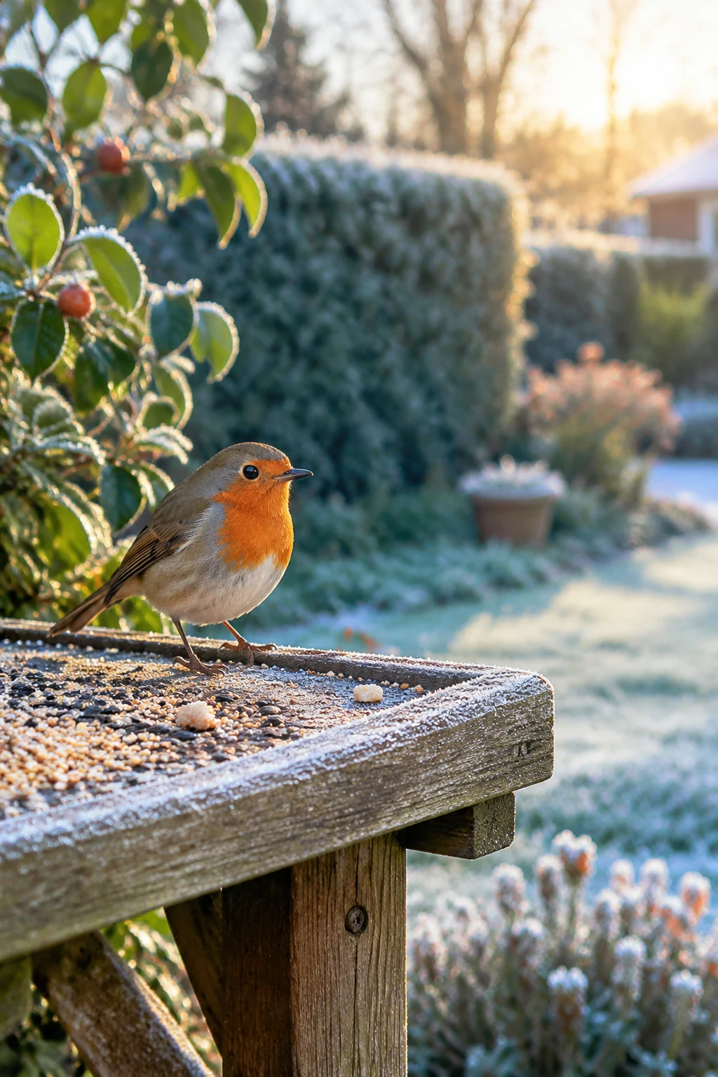 Robin on a wooden feeding table in a frosty winter garden
