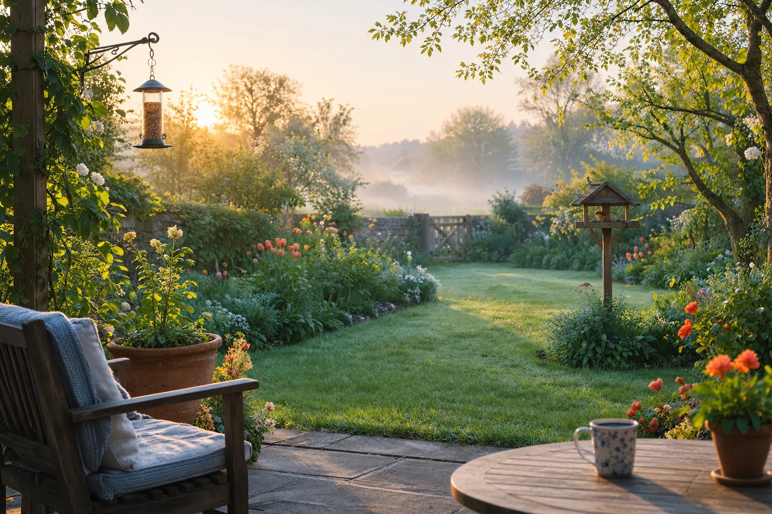 Quiet English back garden with a bird table and feeder