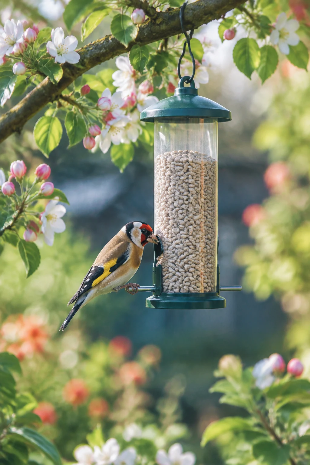 Goldfinch on a tube feeder in a flowering apple tree