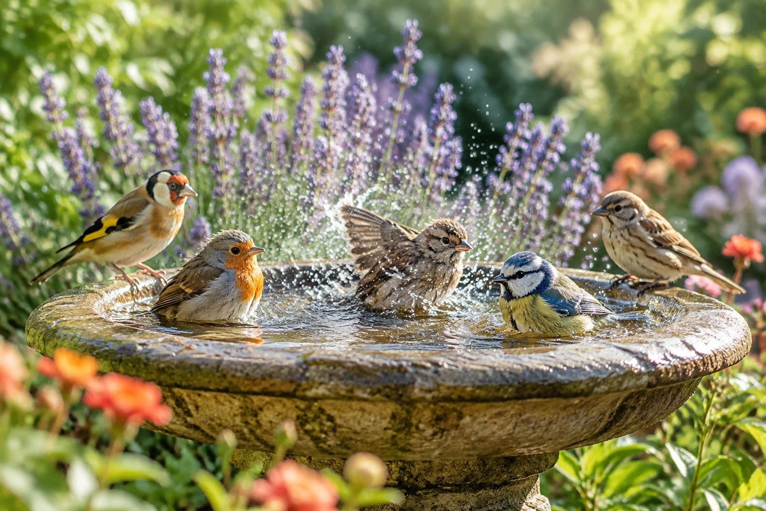 Small birds splashing in a stone bird bath