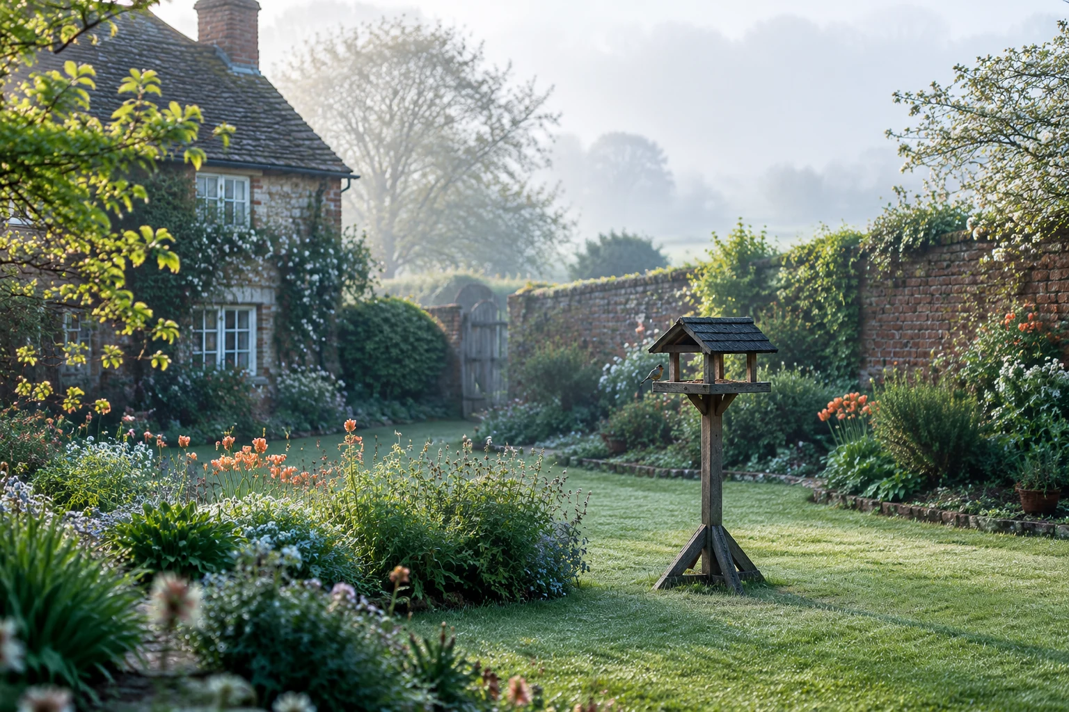 Cottage garden in morning mist with a bird table on the lawn