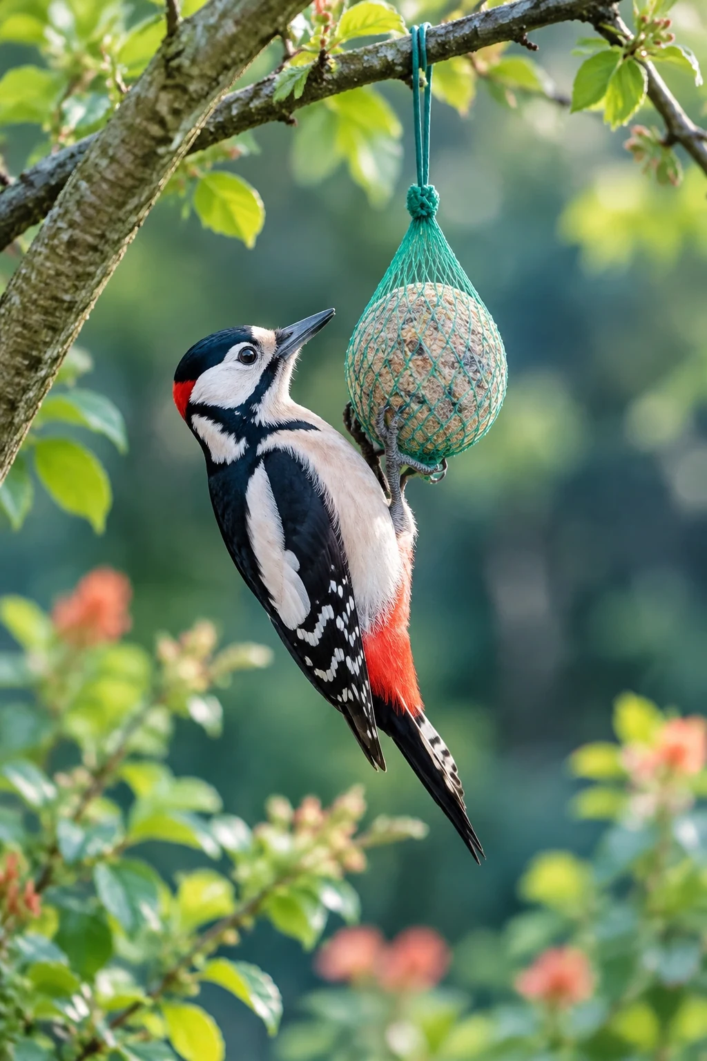 Great spotted woodpecker on a fat ball feeder