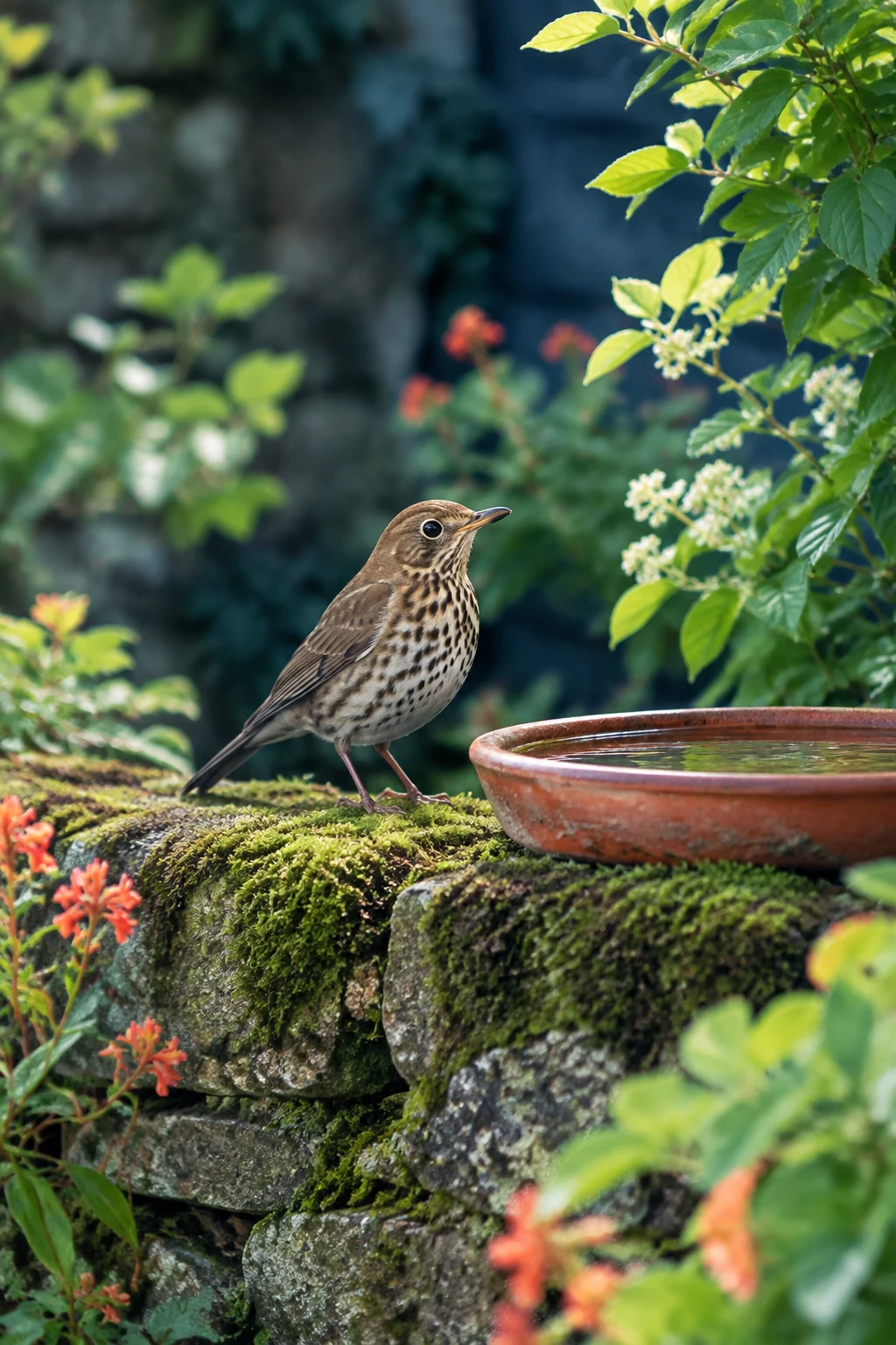 Song thrush on a mossy wall beside a water dish