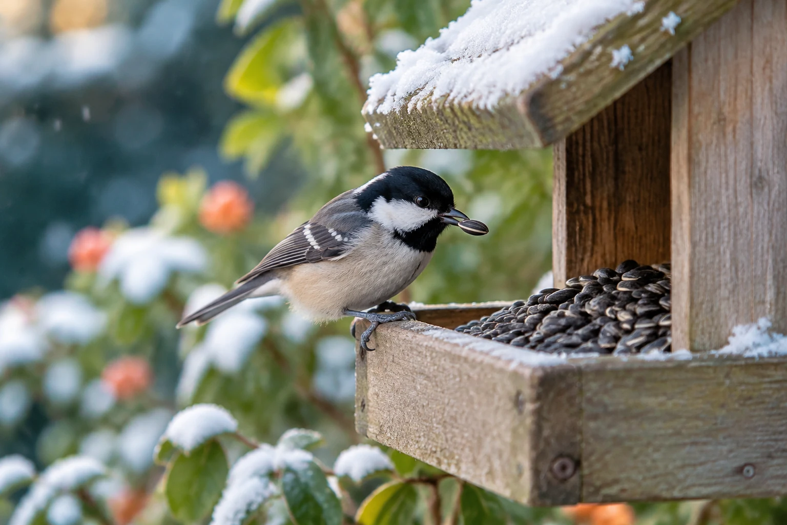 Coal tit taking a seed from a wooden hopper feeder in snow