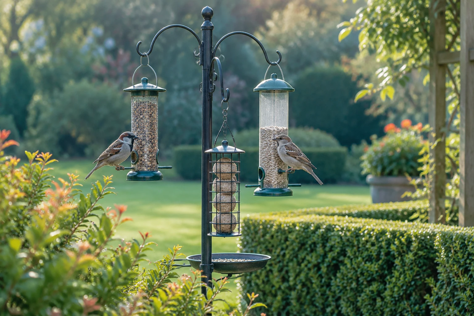 House sparrows on a garden feeding station