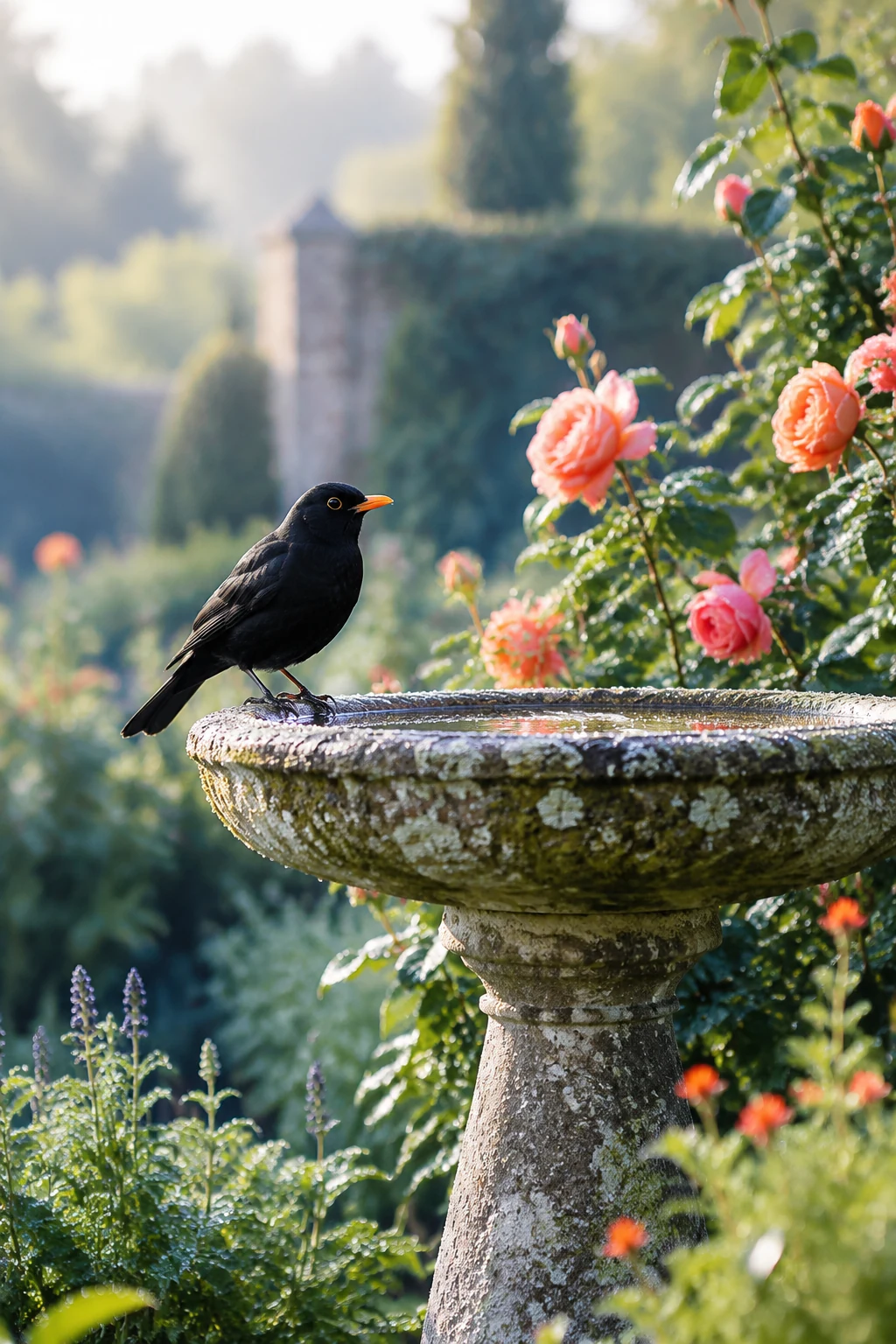 Blackbird on a stone bird bath at dawn