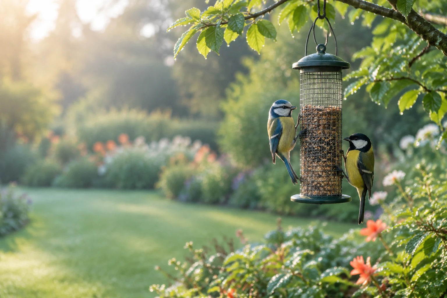 Blue tit and great tit on a hanging seed feeder in an English garden at sunrise