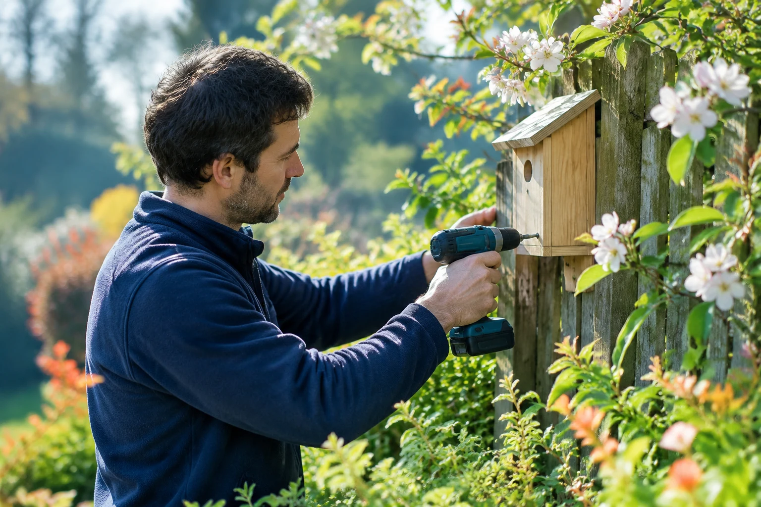 Nest box being fixed to a fence among spring blossom