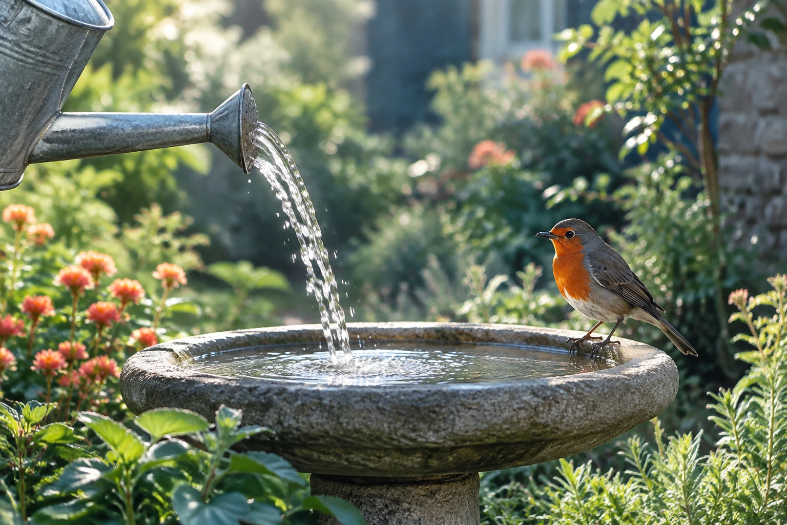 Fresh water poured into a stone bird bath with a robin nearby