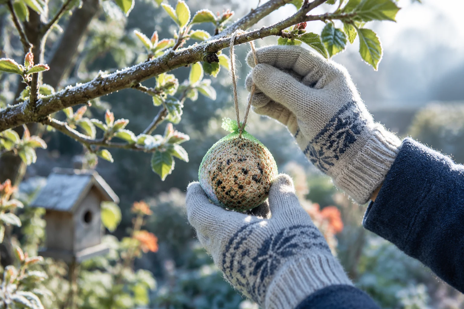 Gloved hands hanging a fat ball feeder on a frosty branch