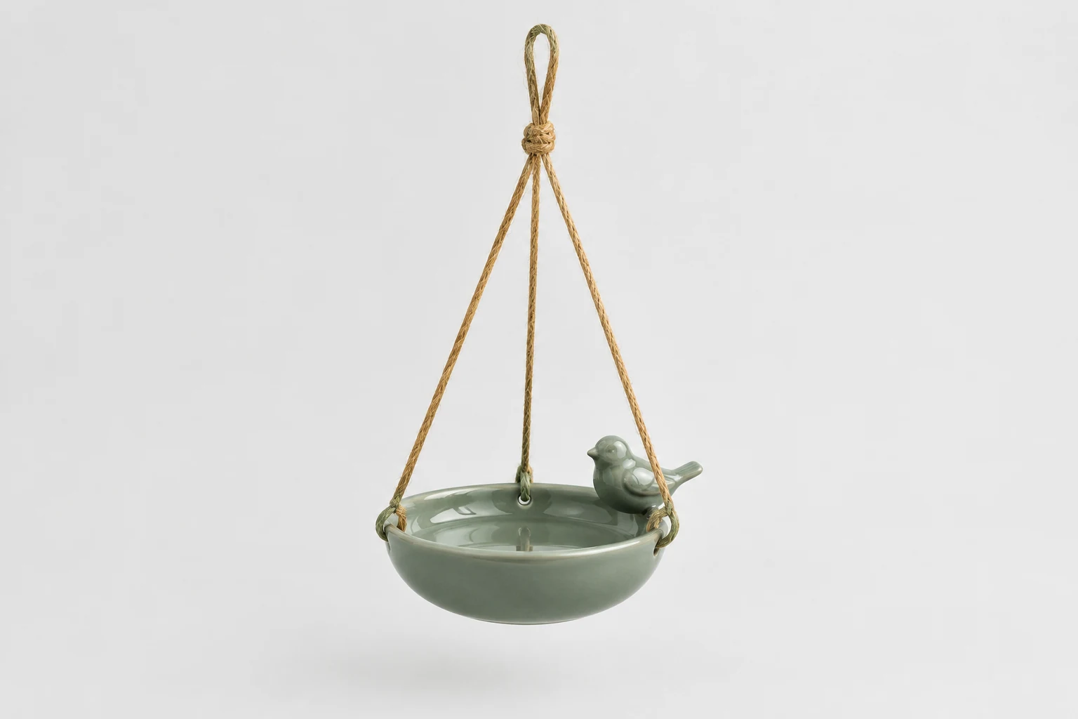 Sage-green ceramic hanging bird drinker