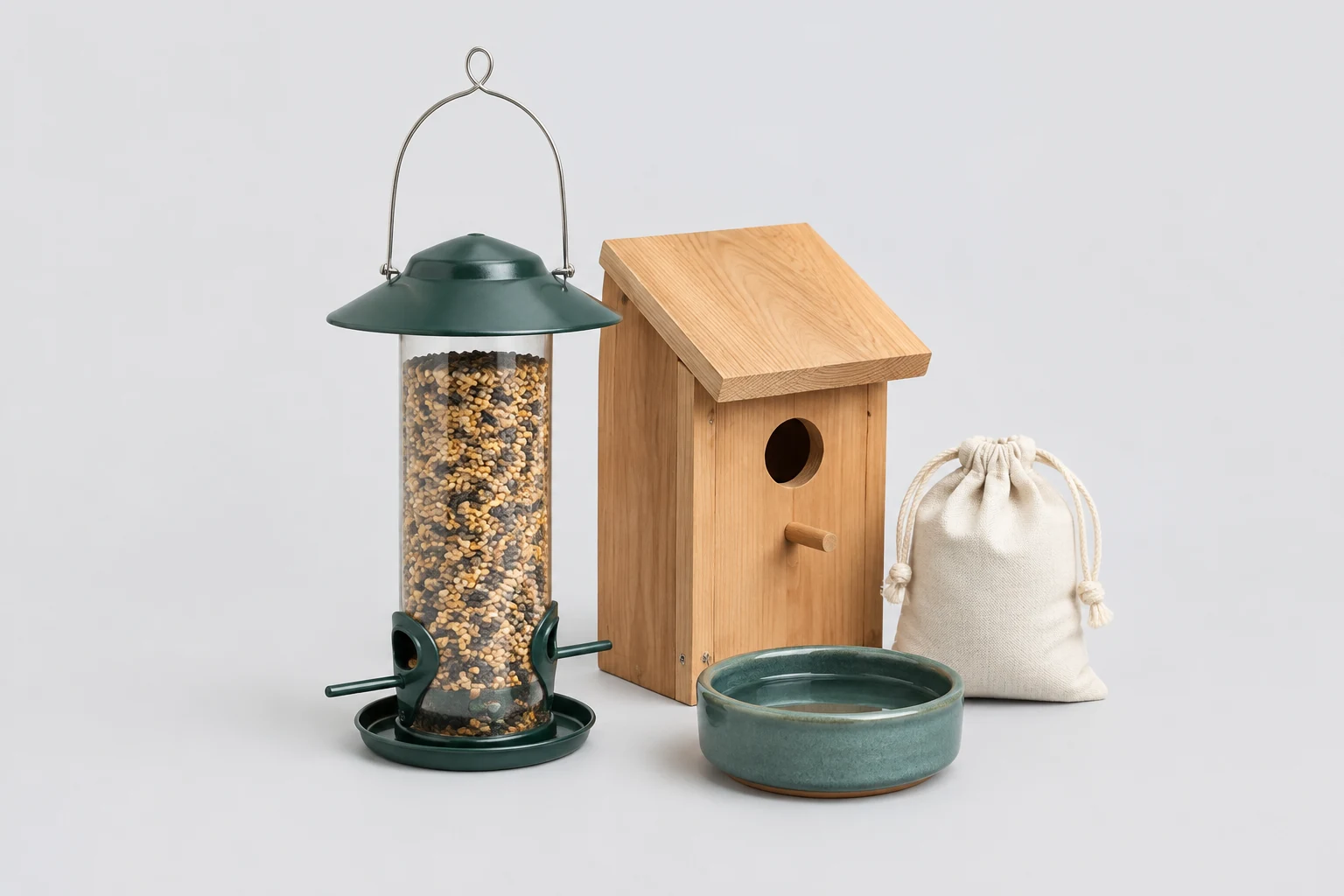 Bird garden starter set with feeder, nest box, dish and seed