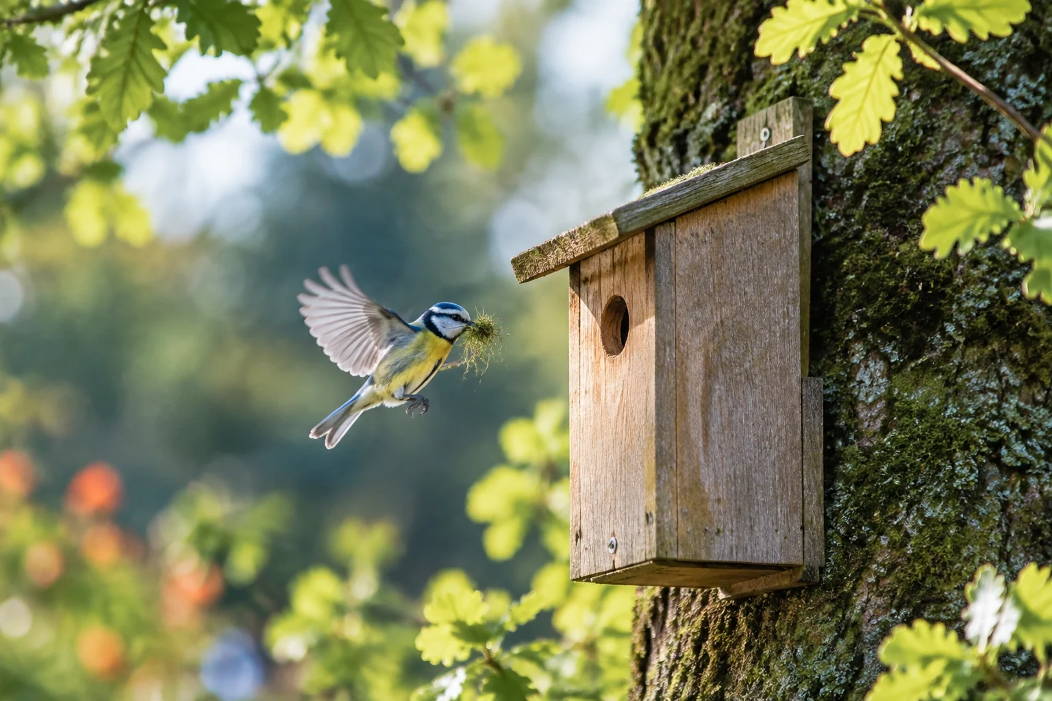 Wooden nest box on an oak trunk with a blue tit arriving